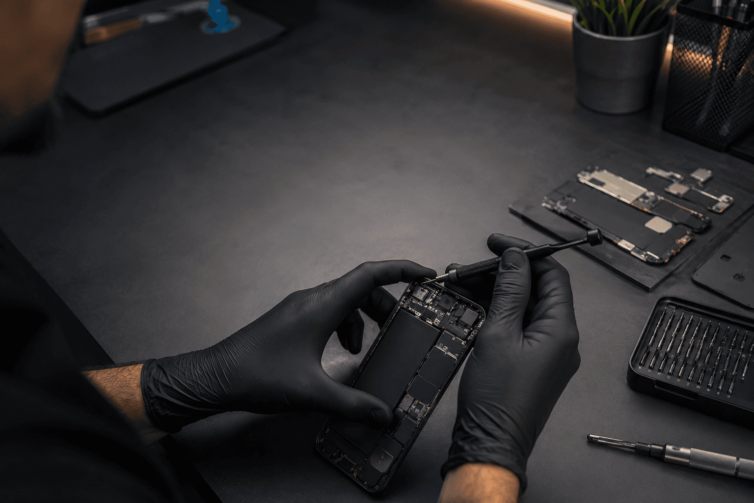 Technician repairing a phone motherboard